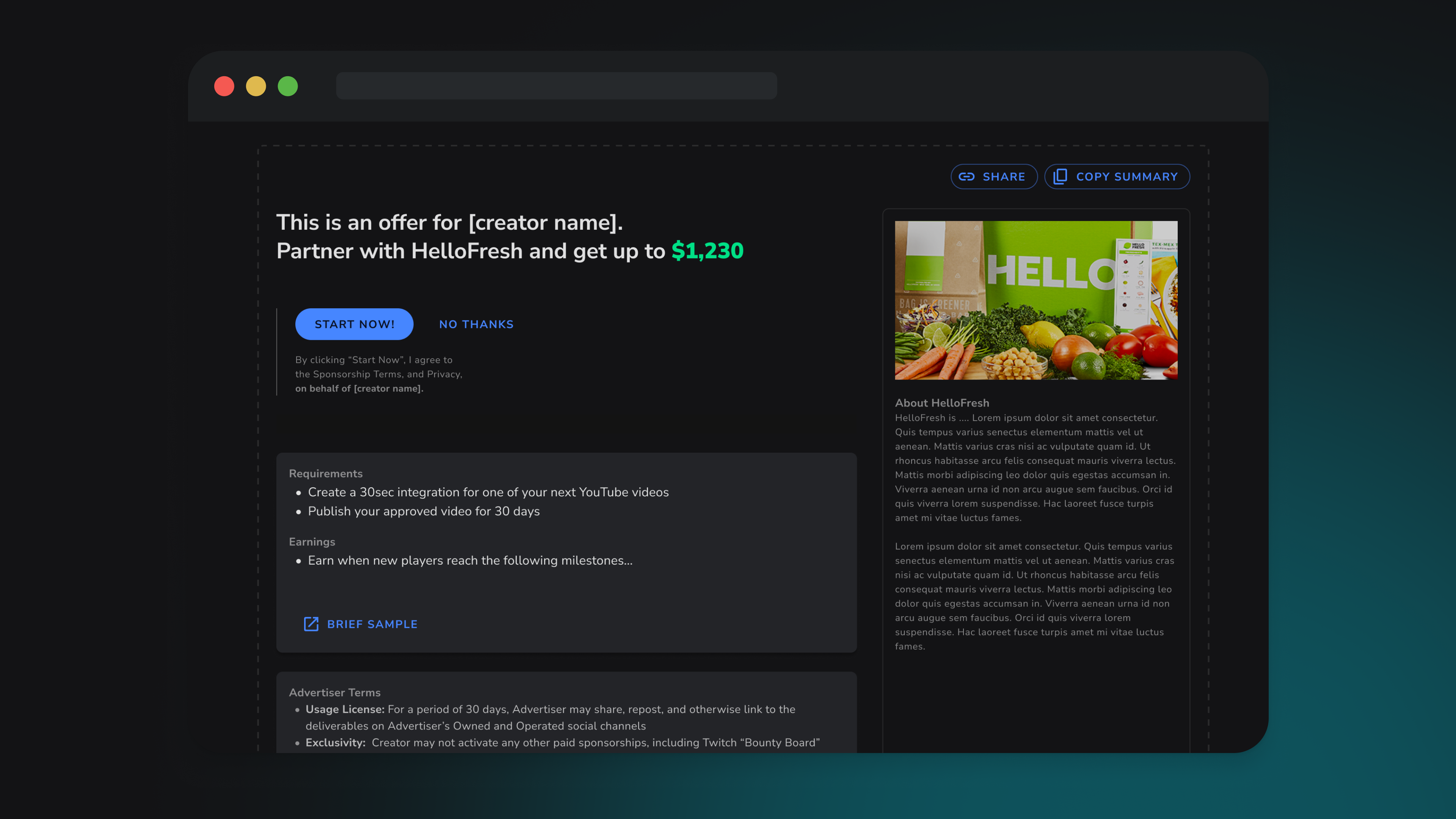 Offer page with deal terms, requirements, and earnings breakdown