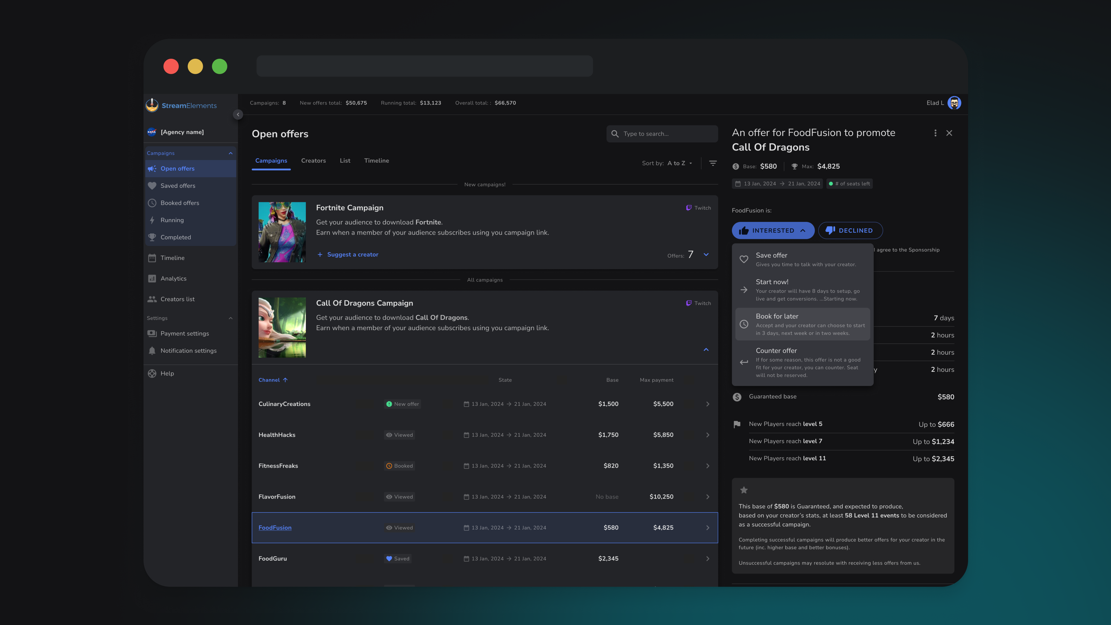 Open offers page with multi-creator overview and campaign management