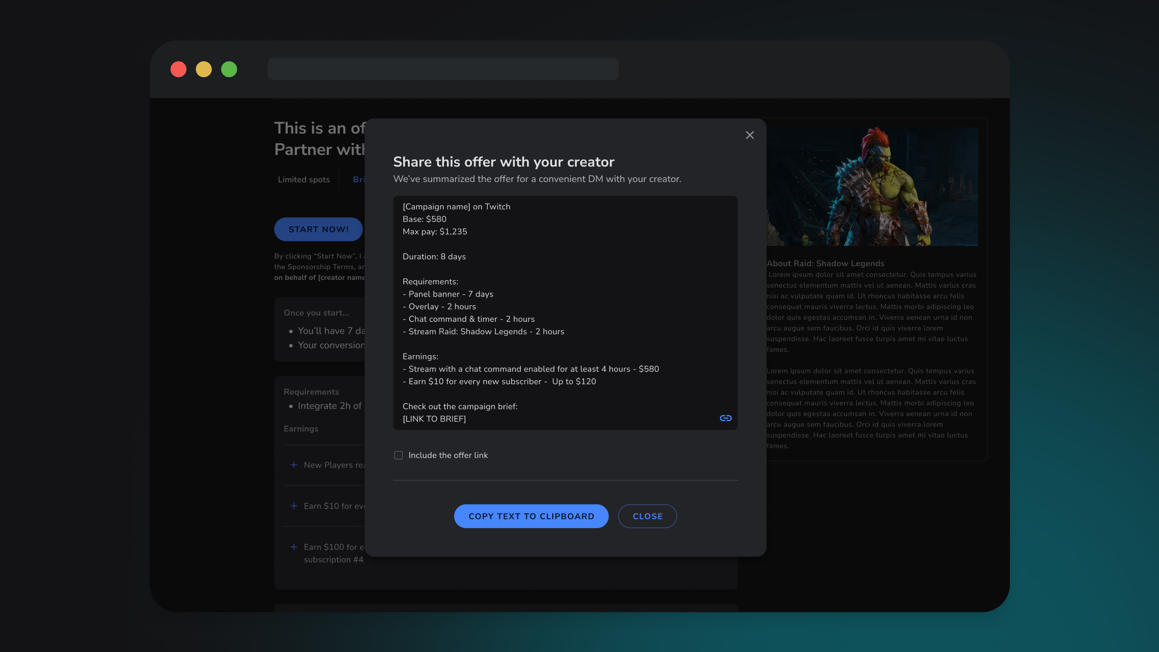 Copy-paste offer summary for sharing with creators