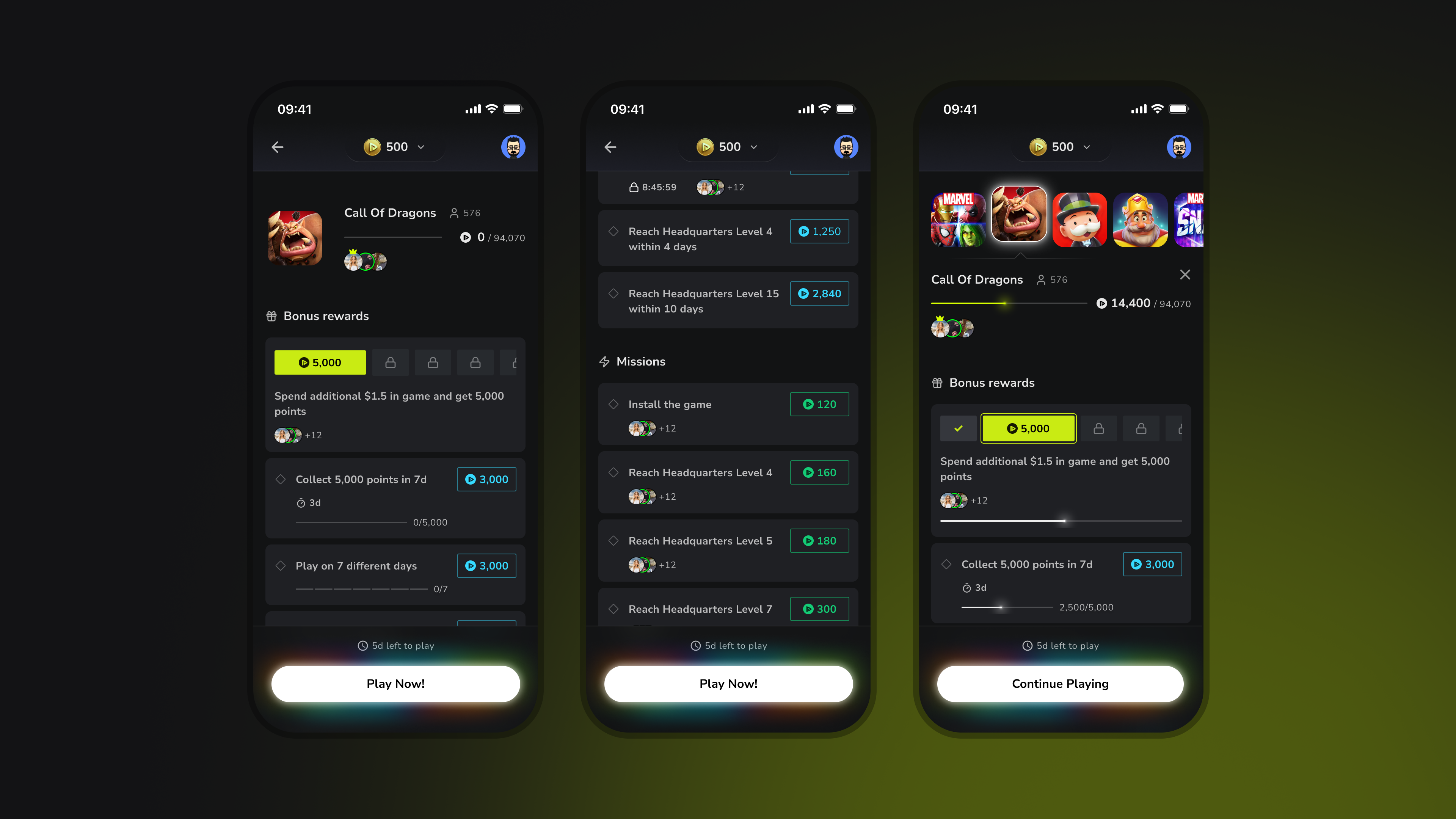 Game page with missions, bonus rewards, and player activity