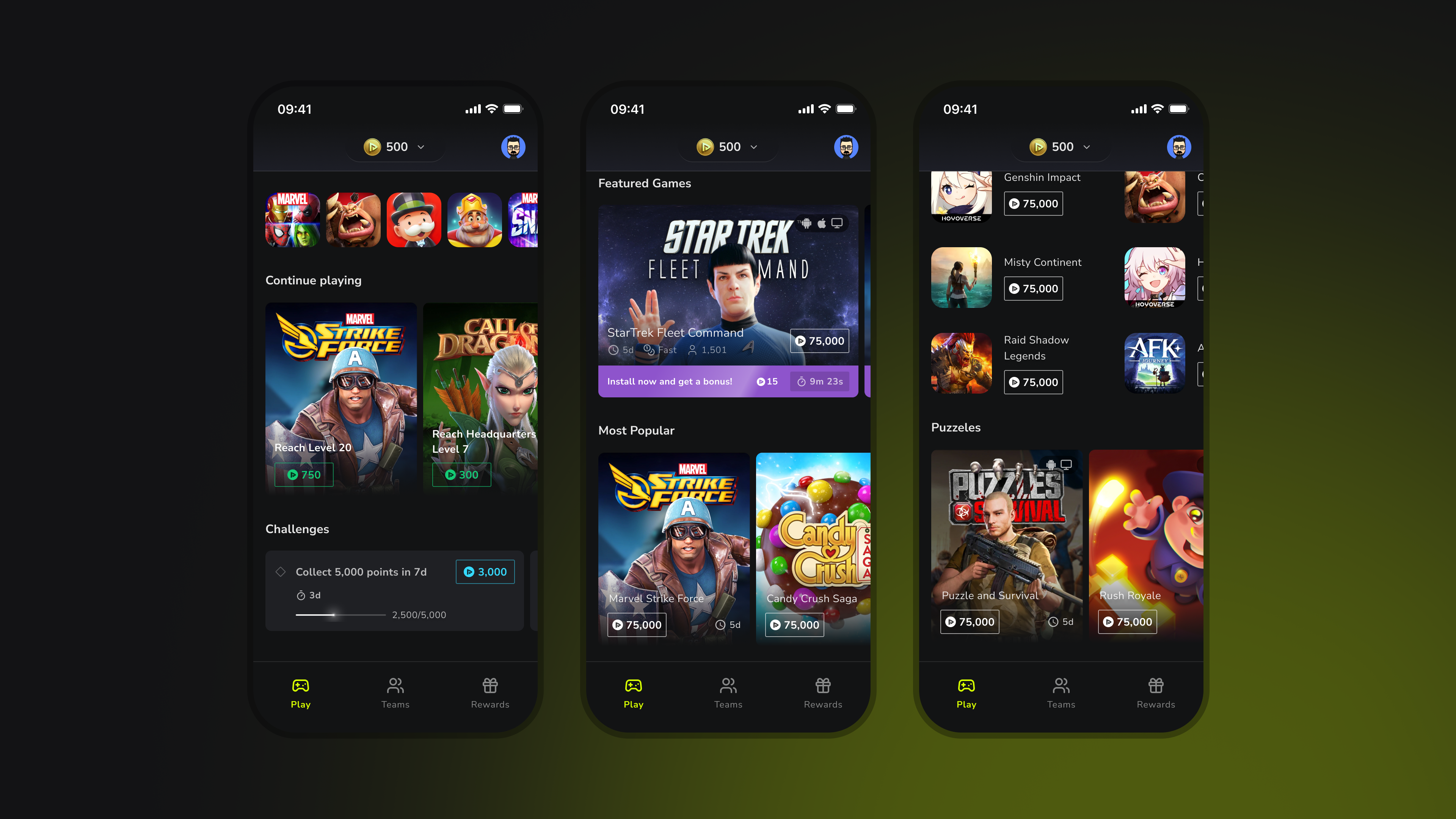 Games marketplace with featured games, categories, and continue playing