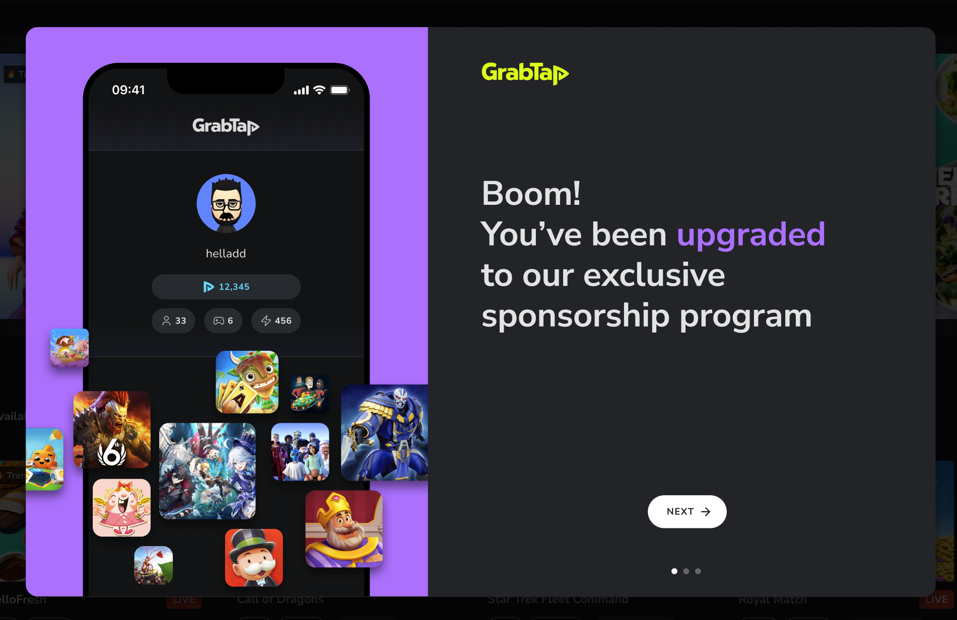 GrabTap creator dashboard with active campaigns
