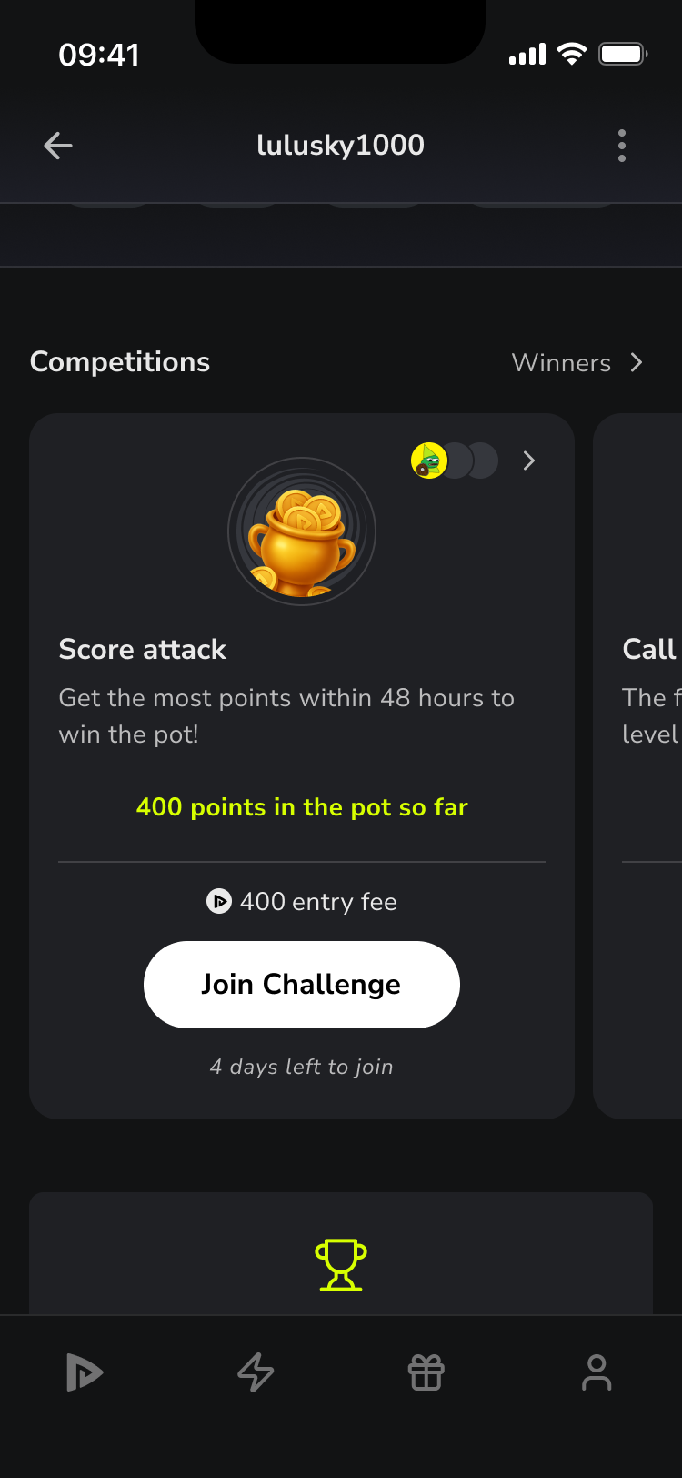 Community page with competitions and challenge cards