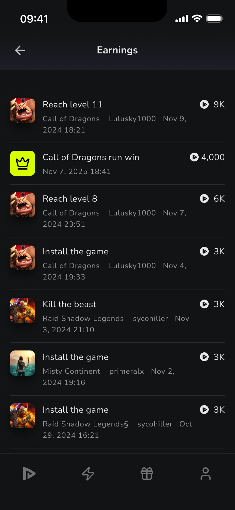 Earnings history showing missions completed and points earned