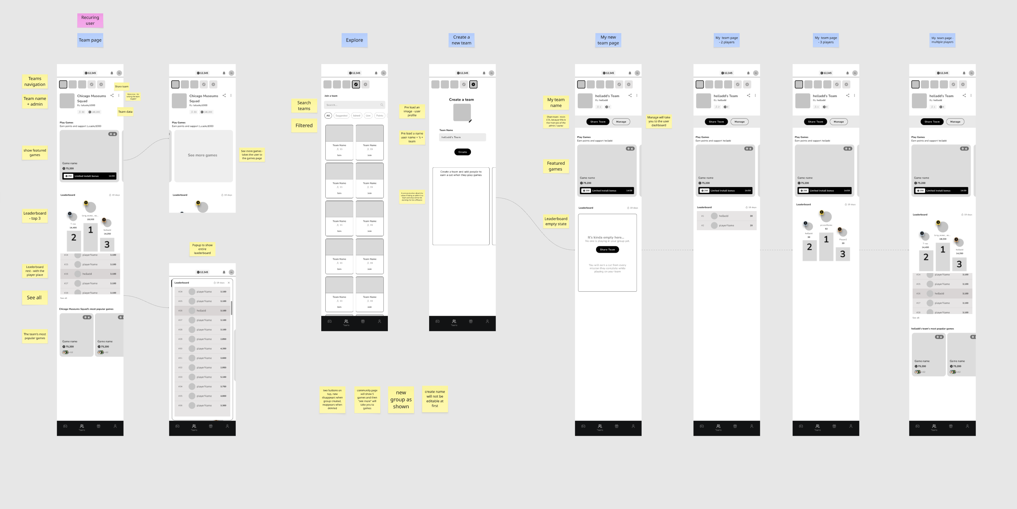 Teams page wireframes: explore, create, and manage groups
