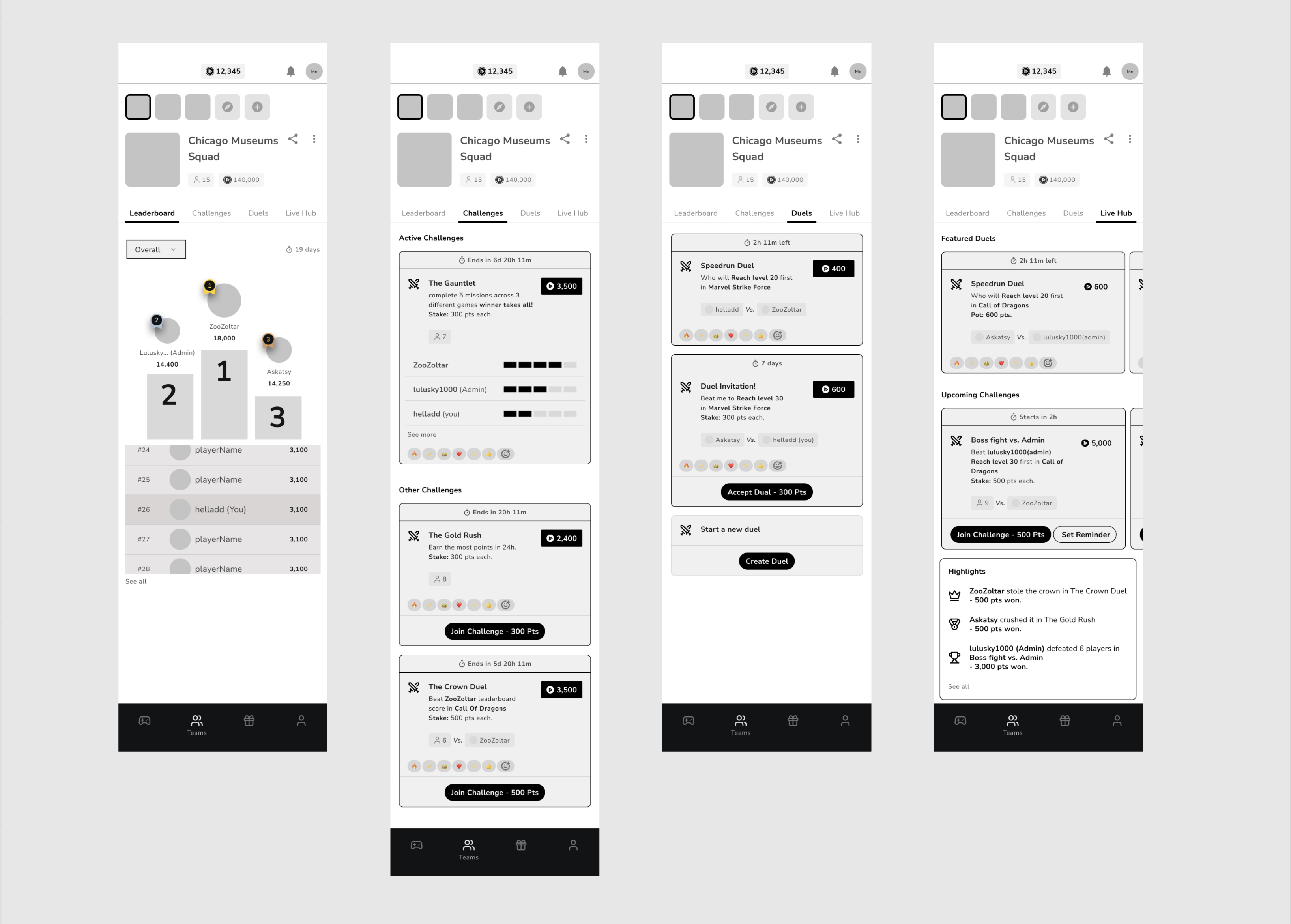 Wireframes for leaderboard, challenges, duels, and live hub tabs
