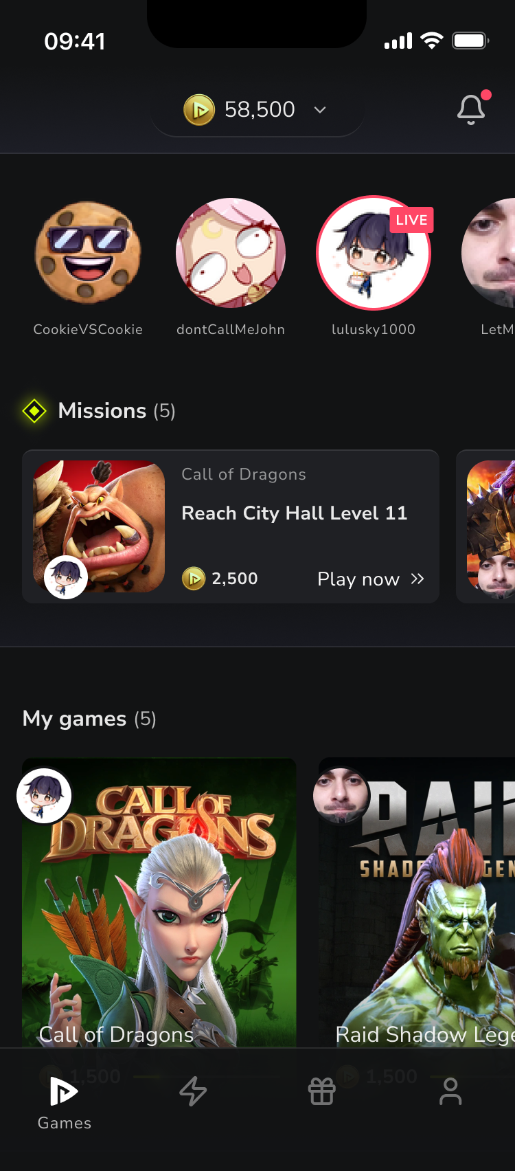 Games page with notification bell indicator