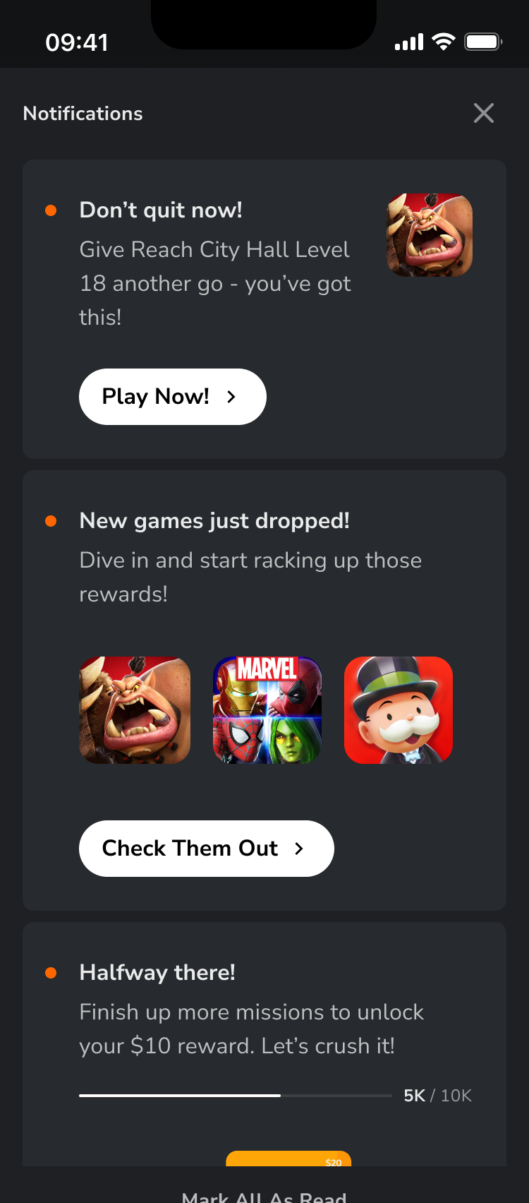 Notification center overlay with mission alerts and reward updates