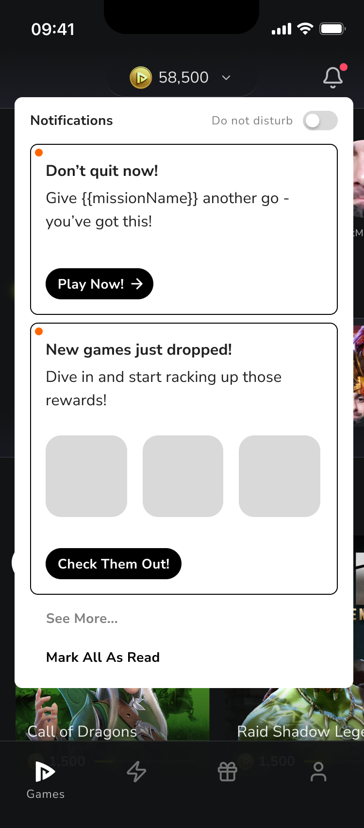 Notification center wireframes