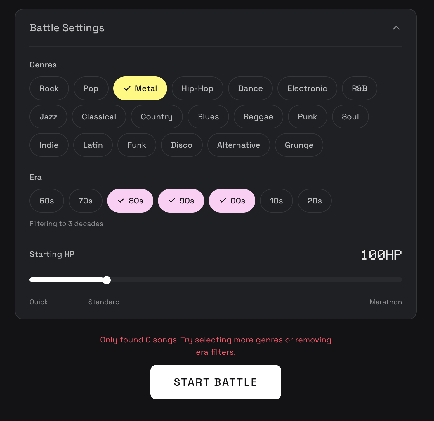 Battle settings with genre, era, and HP configuration