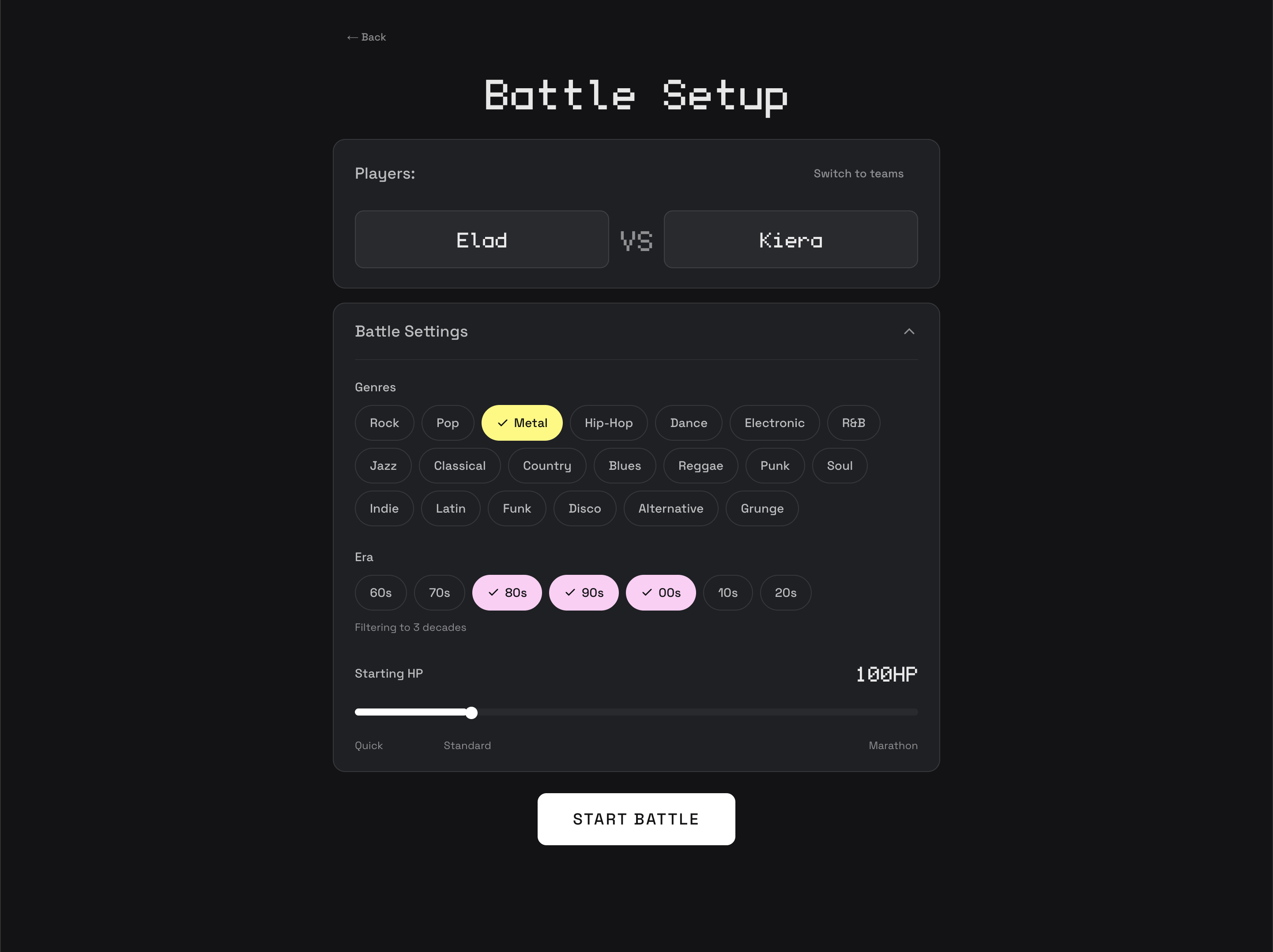 Battle setup with genre, era, and HP configuration
