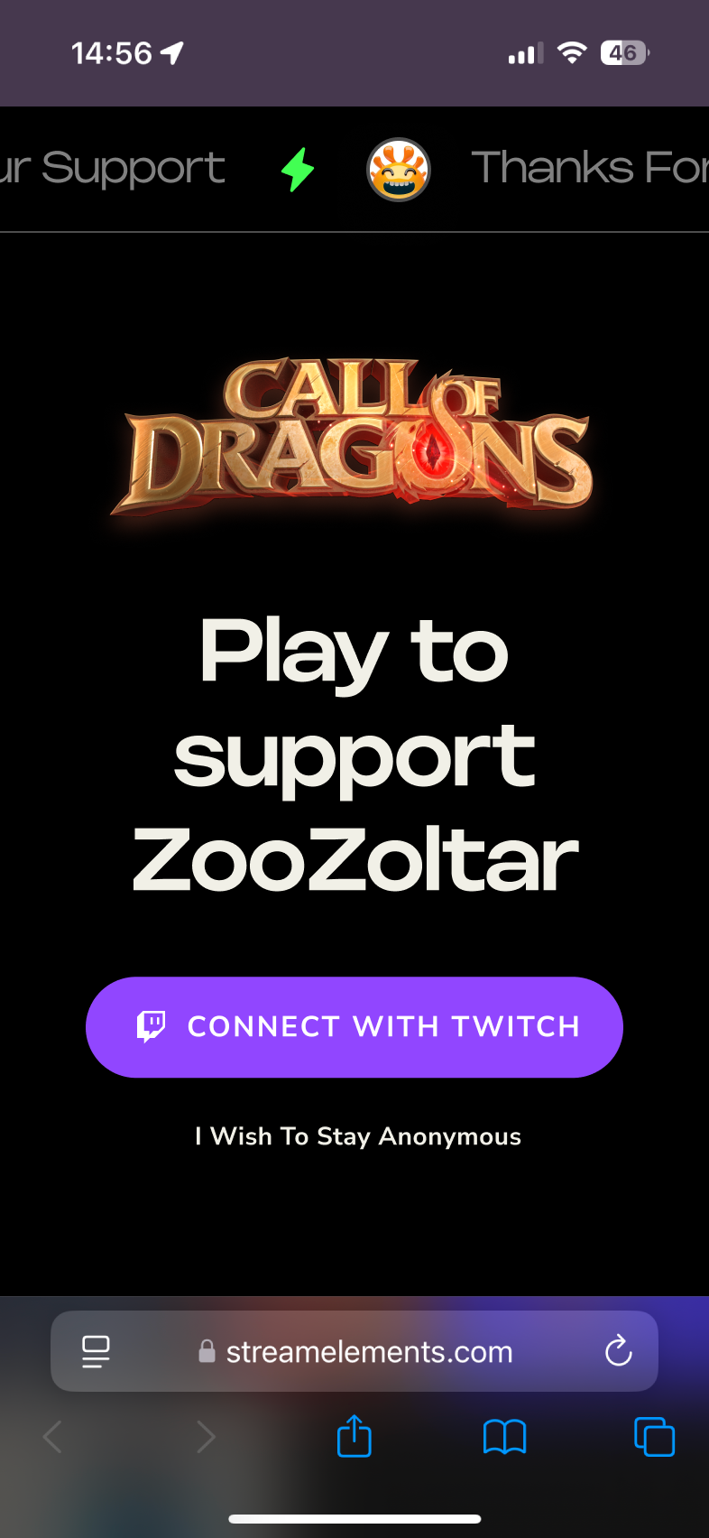 Mobile landing page with Connect with Twitch CTA