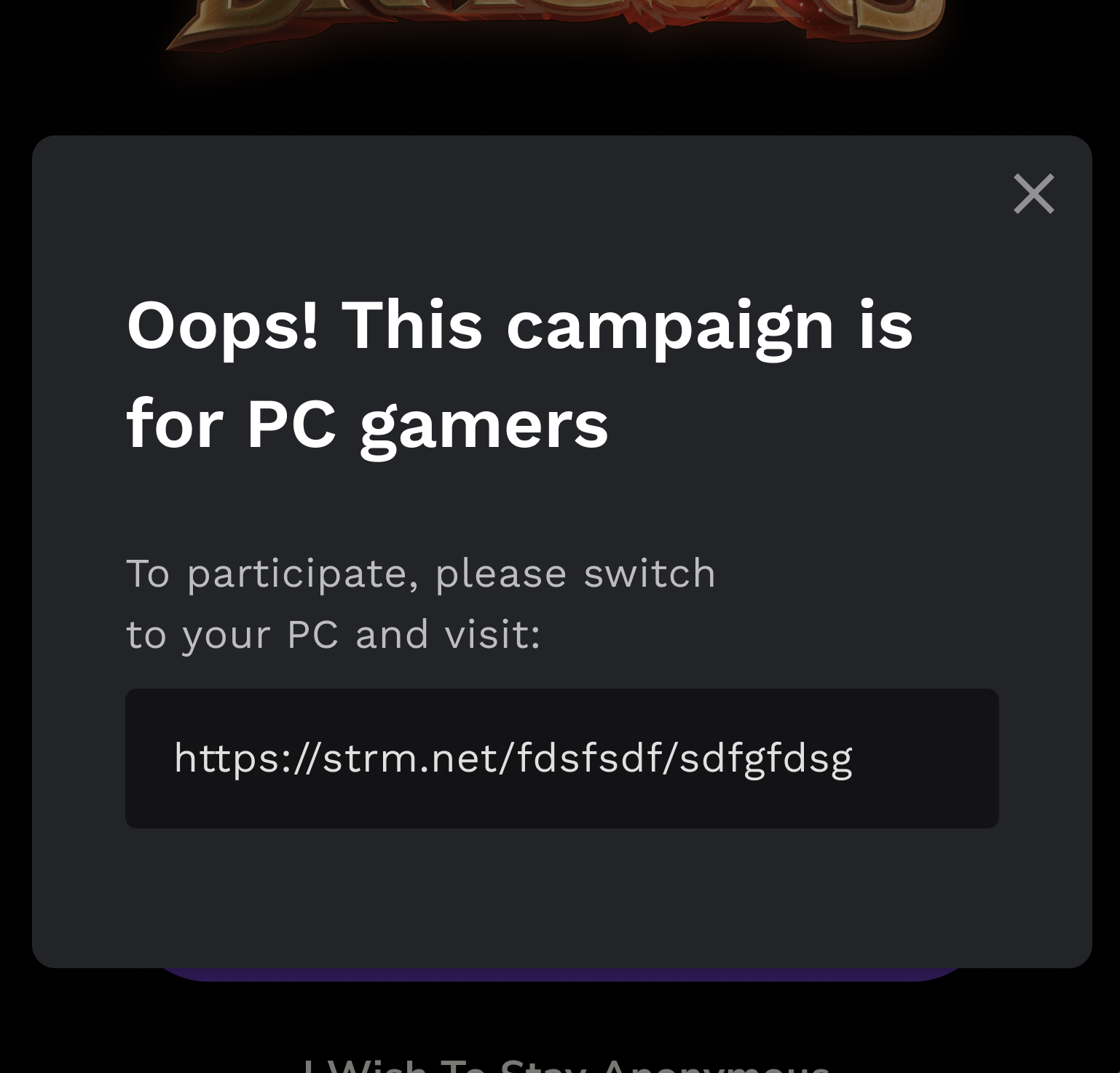 PC gamers modal redirecting mobile users to desktop